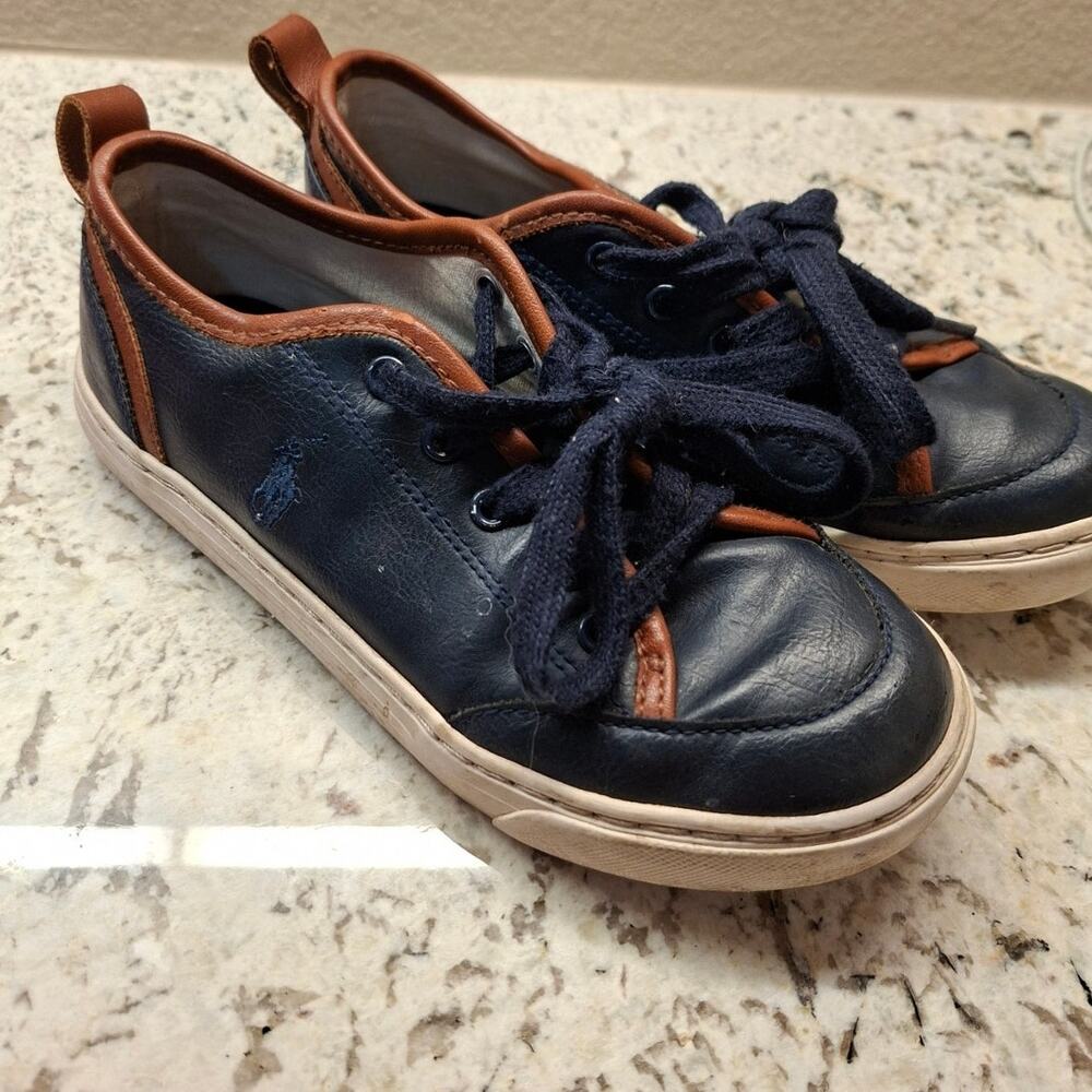 Polo Ralph Lauren Low Top Sneakers Leather Navy Blue Brown Sz 1 Logo